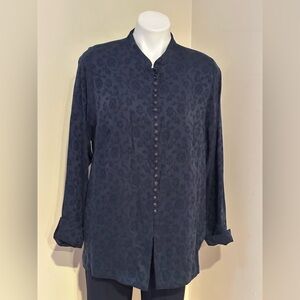COLDWATERS CREEKS Navy Blue Oriental Floral Mandarin Collar Button-Up Top Sz XL